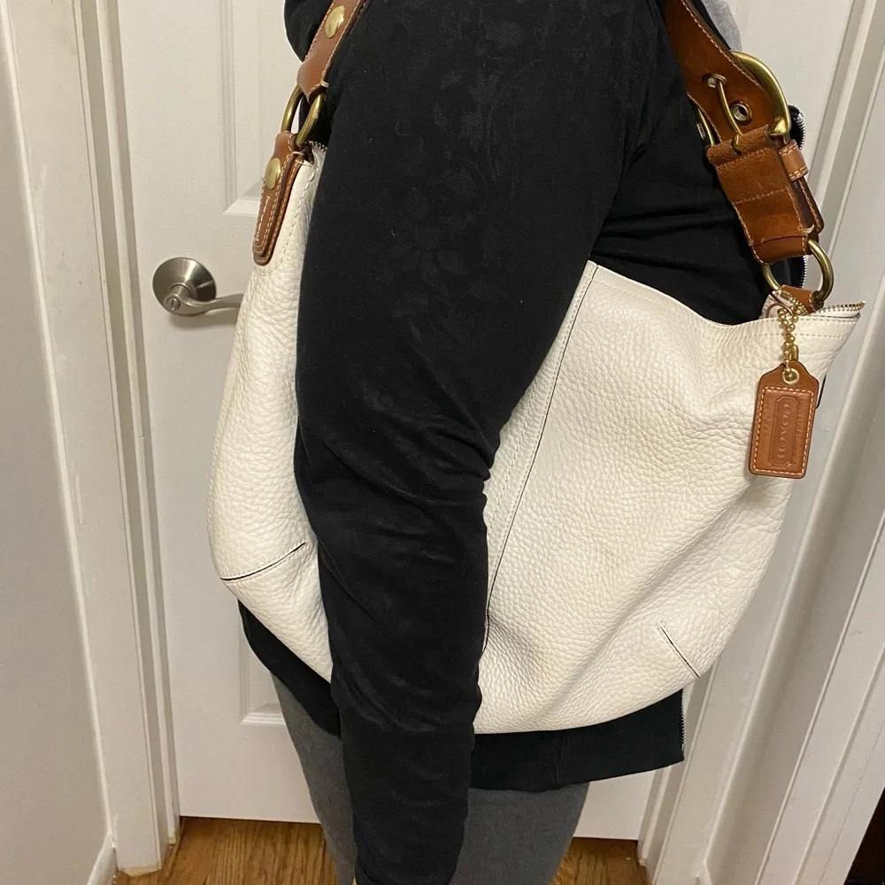 Women’s Cream Leather Hobo Bag with Brown Strap